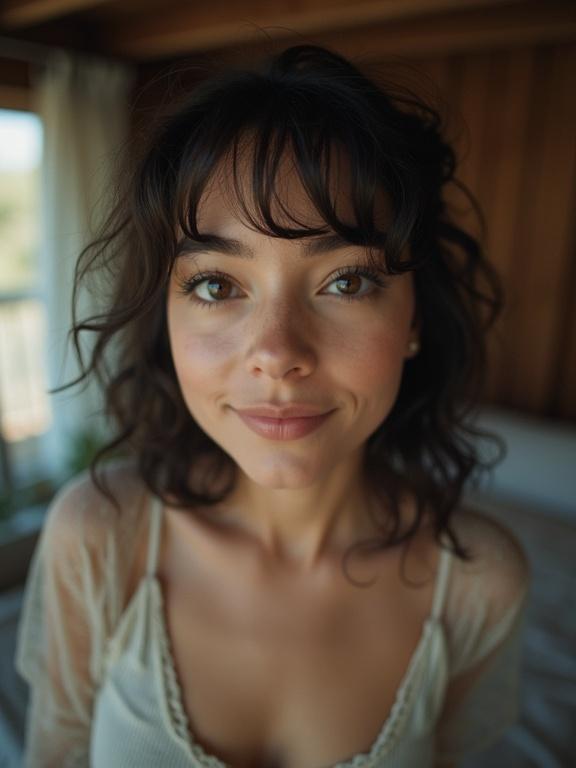 Worm's eye view of a woman looking directly at the camera. Soft and natural light illuminates her face. Curly hair frames her smiling face.