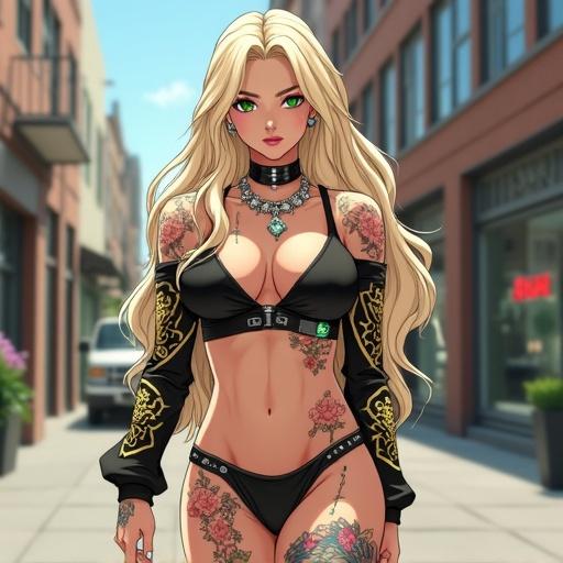Anime depiction of a woman aged 52 with emerald green eyes and light blonde hair. She wears extravagant jewelry and edgy streetwear in a luxurious shopping district. The character is muscular, tall, and has noticeable tattoos. Natural daylight enhances her striking features as she walks confidently.