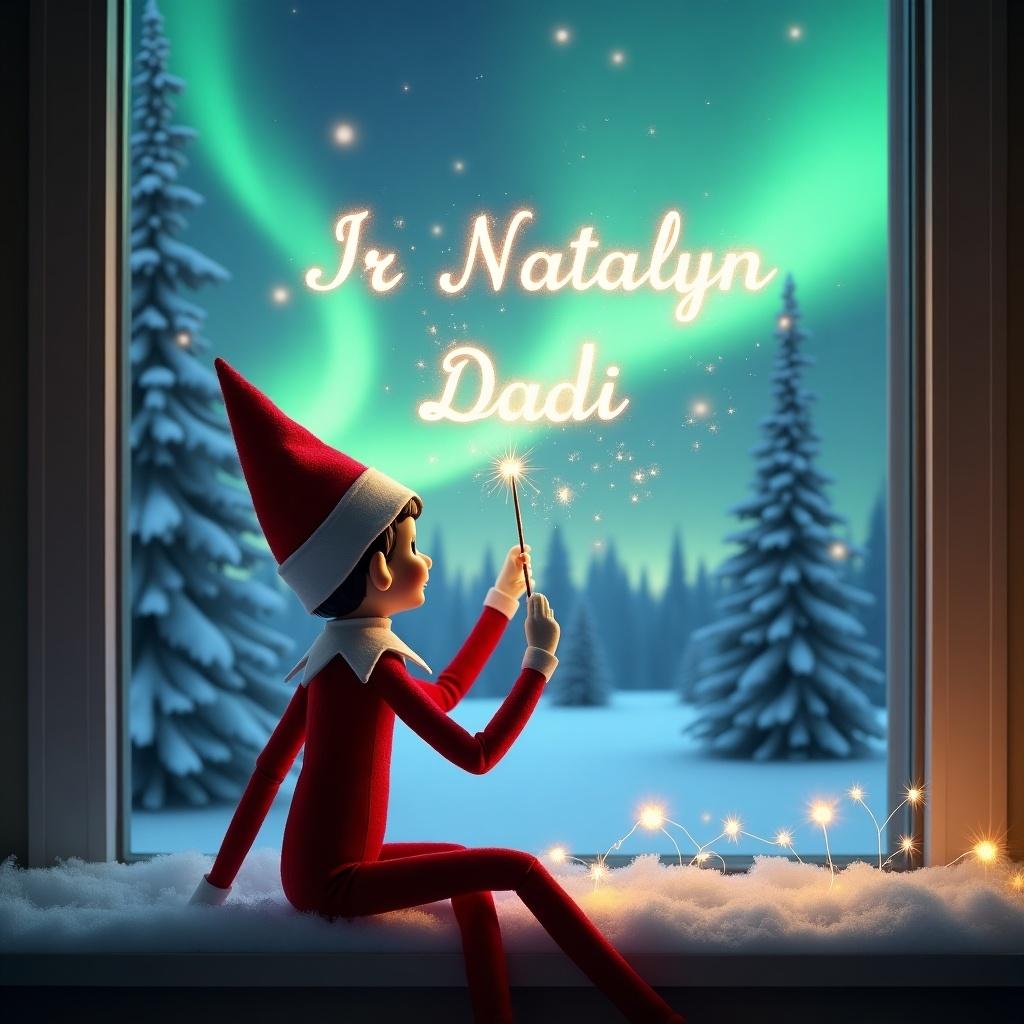 The image features an adorable elf on the shelf sitting on a window ledge, with his back turned to the viewer. He is using a magical wand to create twinkling sparks spelling out the names Isla & Darci, while looking up at a stunning display of northern lights. The background is set in a winter wonderland, filled with snow-covered pine trees, conjuring a festive holiday feel. Dressed in a vibrant red outfit with white trim, the elf embodies the Christmas spirit. The scene is illuminated by the enchanting colors of the aurora borealis, enhancing the magical ambiance.