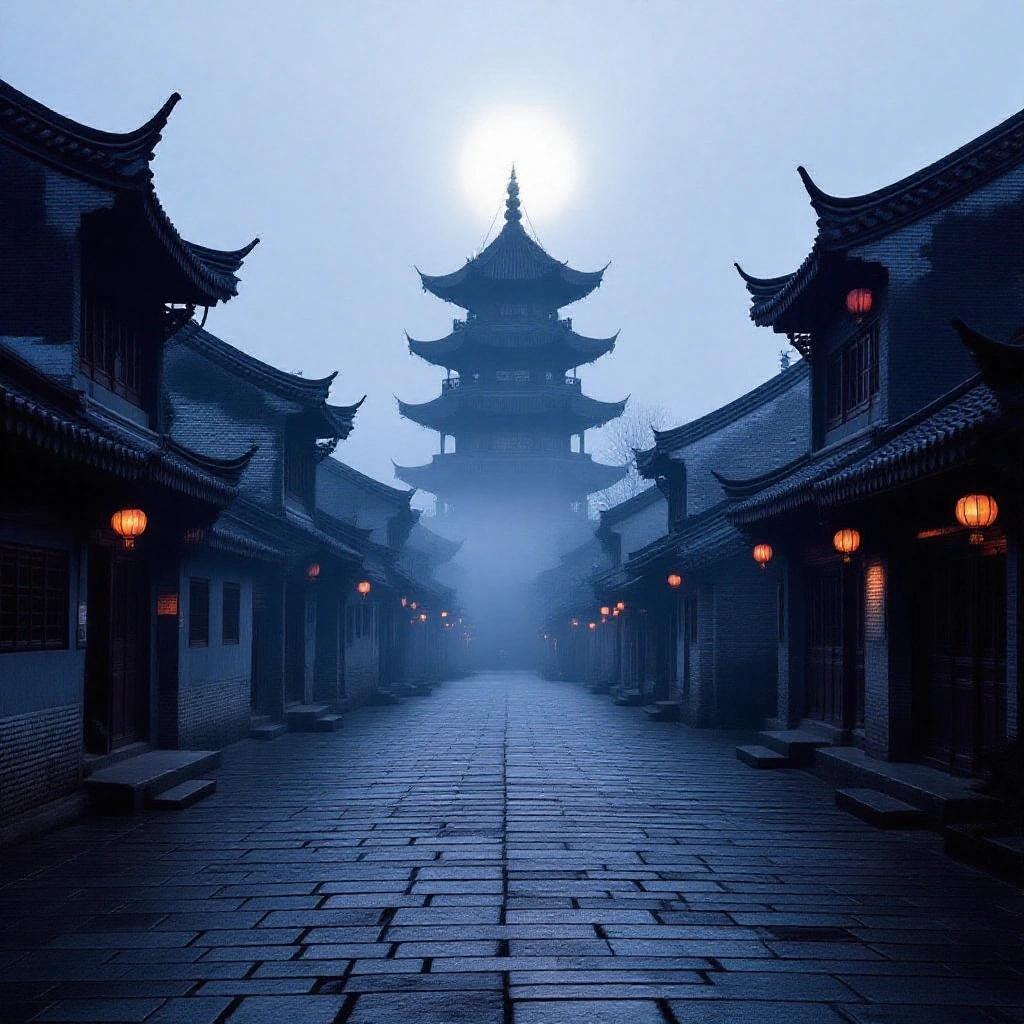 Long exposure photograph of stone-paved street in ancient Chinese setting. Scene shrouded in mist. Traditional buildings with dark roofs line street. Tall pagoda rises into misty sky in background. Dark tone with bright light trail.