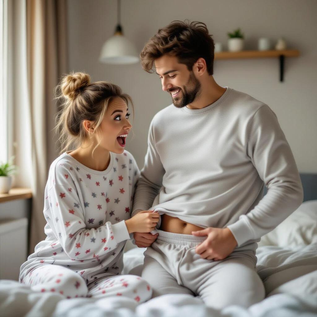 Picture of a couple dressed in matching pajamas. Cozy bedroom setting. Woman looks at the man with a surprised expression. Emphasis on home comfort and playful interaction.