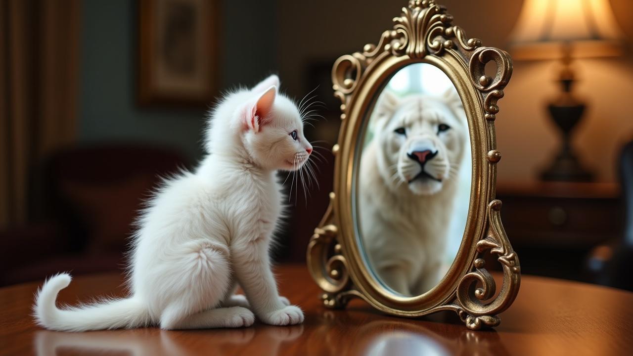 A playful scene in a cozy room featuring a white kitten looking at a majestic lion's reflection in an ornate mirror.