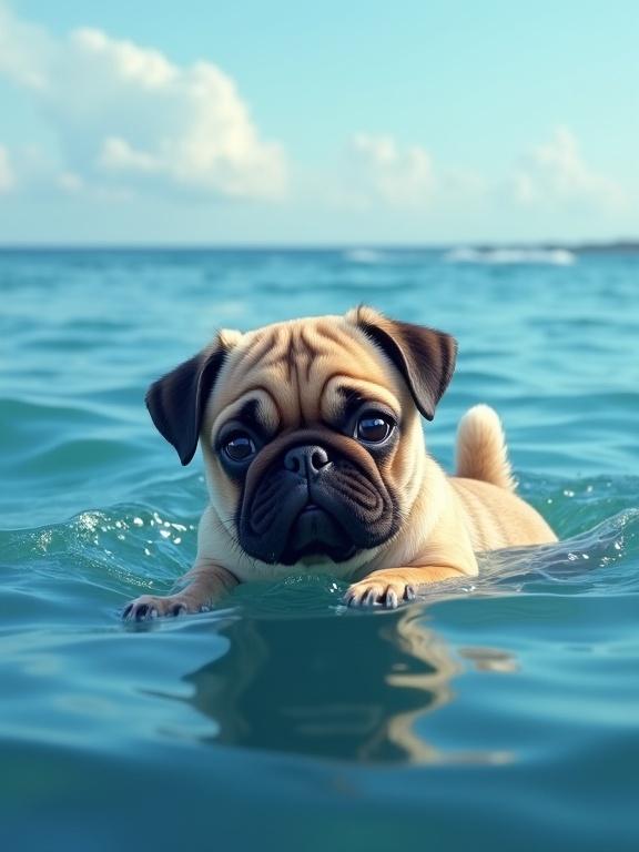A cute pug puppy swims in the ocean. Puppy has a slightly sad expression. Blue water with gentle waves visible. Low angle close to water level. Realistic with painterly touch.