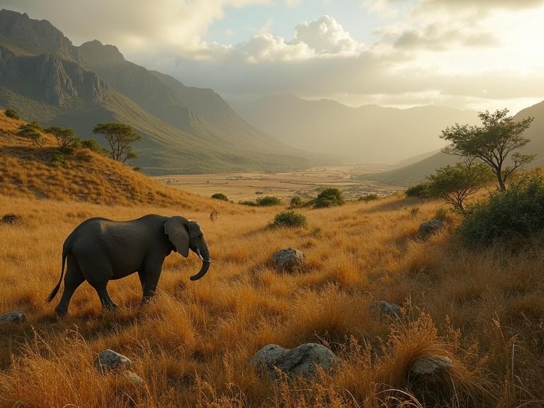 Landscape of unexplored Africa features an elephant walking through golden grass. Background shows mountains and a valley under a cloudy sky. Captures the beauty of nature and wildlife.