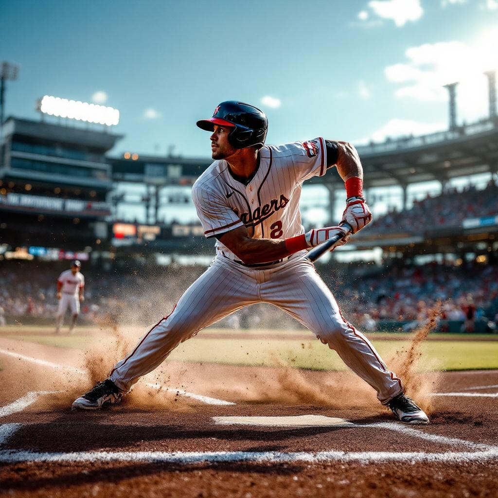 Hyper detailed sports photography of baseball players. Captured during daytime with bright sky and ideal lighting. Use of high-end DSLR camera for quality. Style is hyper-realistic showing the strength and agility of the athlete. Capture vibrant colors and sharp details of the athlete's muscles and expressions. Highlight movement with dynamic composition and dramatic lighting. Create freeze-frame moment showcasing performance. Utilize shallow depth of field to isolate the athlete contrasting with the background. Incorporate leading lines and potential motion blur for energy.