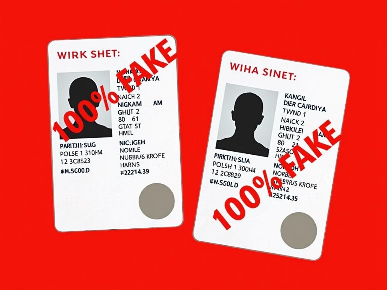 The image shows two sides of a Polish identity card displayed together. Both sides of the card are marked with red overlays, stating '100% FAKE.' The text on the left side includes personal information such as a name and identification numbers. The right side features additional identification information, including a photo placeholder, which also has the '100% FAKE' stamp across it. The background is a bold red color, further emphasizing the fake label. This image illustrates a clear warning regarding the authenticity of the documents.