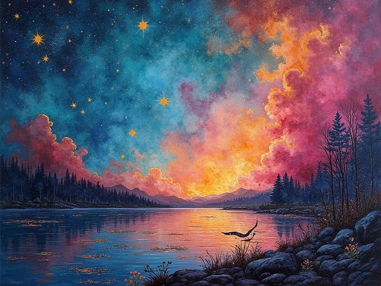 A vibrant sunset over a tranquil river surrounded by trees. The sky is filled with colorful clouds in shades of deep blue, turquoise, and deep magenta. The water reflects the vivid colors of the sky while stars twinkle. The scene captures the beauty of nature and serenity.