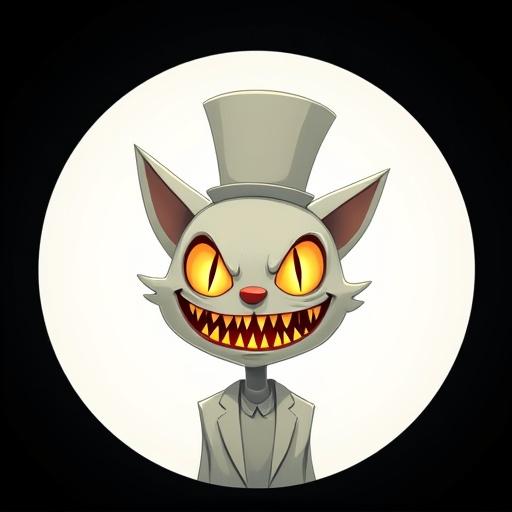 Creepy cartoon character has white top hat sharp teeth glowing orange eyes vertical pupils round clown nose white suit pointed collar eerie smile black circle background white spotlight minimalist vector style