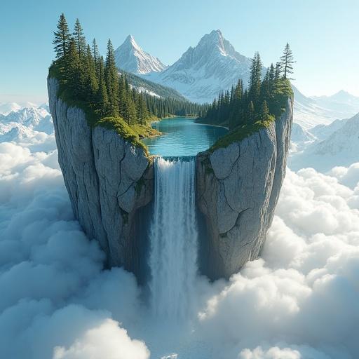 Surreal mountain landscape shapes resembling a human molar tooth. Floating among white clouds. Top features snow-capped peaks dense green forest turquoise lake winding through trees. Waterfall cascades from rock face into clouds. Highly detailed fantasy scene.
