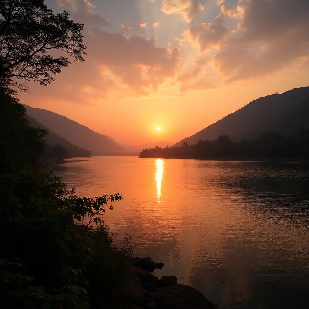 This image captures a breathtaking sunrise near a river, reminiscent of India's Ganga or Yamuna. The warm hues of orange, pink, and gold highlight the sun as it peeks over the mountains. Rays of sunlight sparkle on the river's surface, creating a magical reflection. The surrounding landscape includes gentle hills and lush greenery, amplifying the beauty of nature. It's a serene and tranquil scene, inviting viewers to appreciate the calmness of early morning by the water.