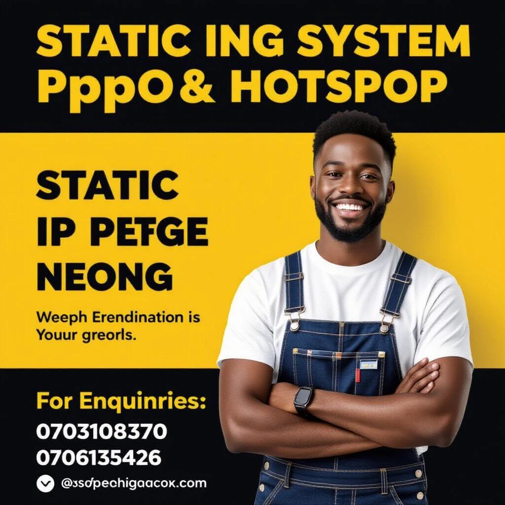 Poster advertising ISP billing system for Static IP, PPPoE, and Hotspot. Features a black man in IT overalls. Bright and catchy design with humor. Includes contacts for enquiries: 0703108370, 0706135426.