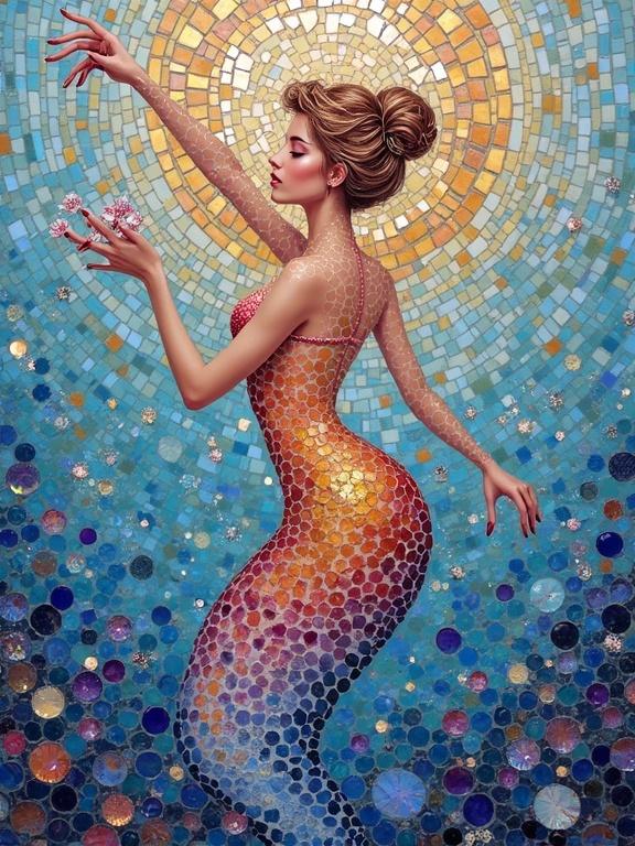 A figure made of iridescent ceramic tile and glass mosaic. The scene is ethereal and abstract. The figure has a beach body appearance. The artwork utilizes encaustic mixed media elements.