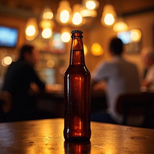 A bottle of beer stands prominently on a bar table. The warm ambiance of the bar surrounds the scene. Two people can be seen sitting at a table in the soft blurry background.