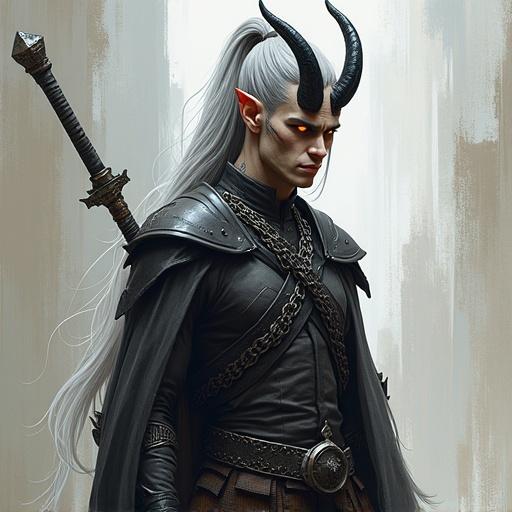 Character design of a tall male tiefling with ash-gray skin and glowing amber eyes. Long silver hair tied back. Black curved horns. Thin scars on cheekbones. Wears chainmail and plate pants. Holds a longsword. Painterly textures, bold colors, soft cel shading. Expressive brushwork and light.