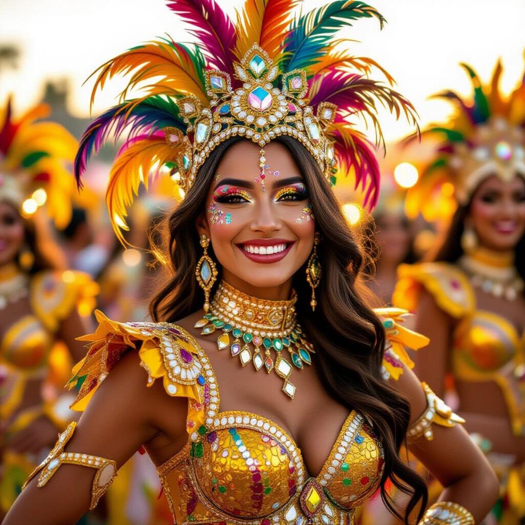 A young woman in a colorful carnival costume showcases her dazzling smile. Costume features golden hues with beadwork and feathers. Warm light from the setting sun highlights her ornate makeup. Background shows dressed revelers in a lively cultural event.