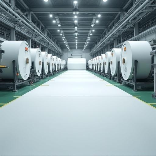 Wide shot of factory floor Large rolls of white battery separator paper Machines processing paper Brightly lit environment Emphasis on production scale Photorealistic rendering Detailed textures