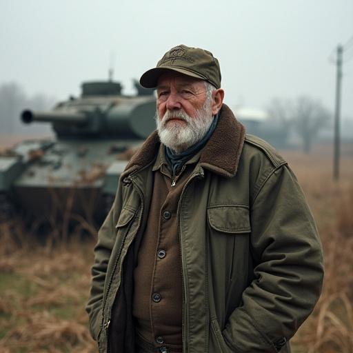 Sad grandfather from a Soviet village stands near a T-80 tank made from scrap metal. The scene captures emotions of nostalgia and history.