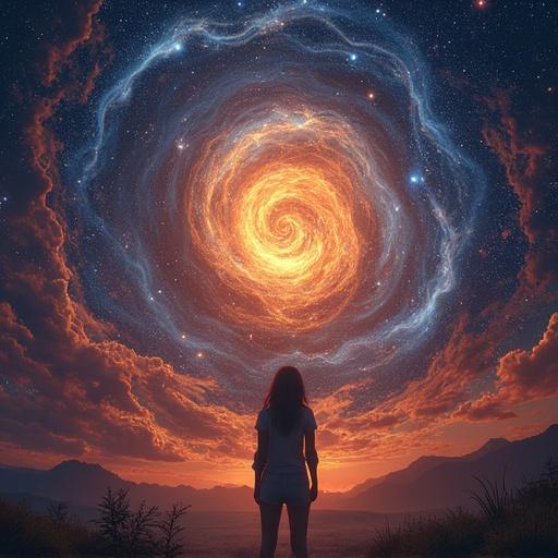 A figure stands facing a beautiful swirling galaxy. The galaxy is bright and colorful, radiating warmth. The landscape is mountainous, signifying depth and wonder.