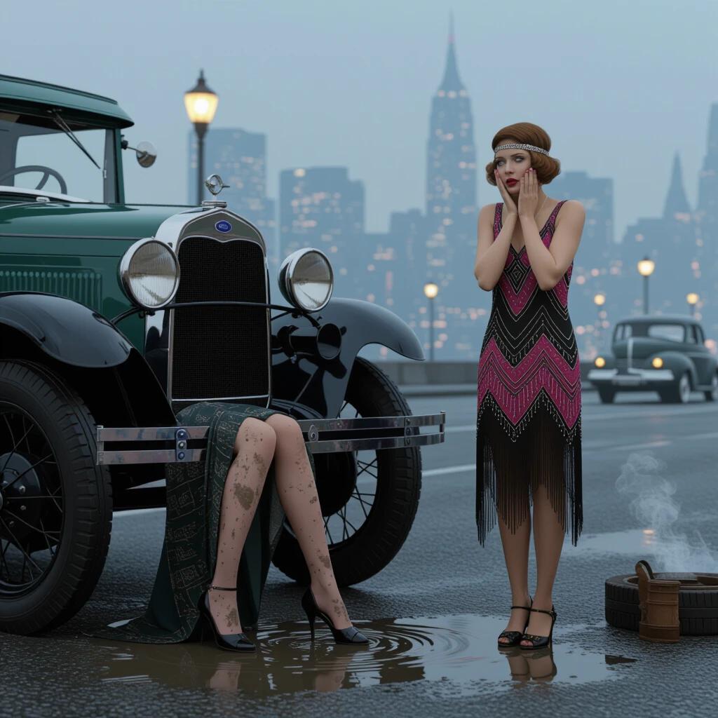 A vintage 1928 roadside scene featuring a woman’s legs protruding from under a Ford Model A. The woman wears a flapper dress and expression of despair. The dress is adorned with fringe and decoration. The car is on a jack with oil dripping near her legs. The background shows Art Deco city lights in fog. A photorealistic image captured with emphasis on details and colors. The scene is set in a nostalgic atmosphere with a vintage aesthetic.