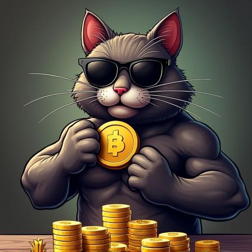 Cartoon image of a muscular cat in dark shades. Cat is holding a Bitcoin token. Background features gold and silver bars. Theme revolves around meme coins.
