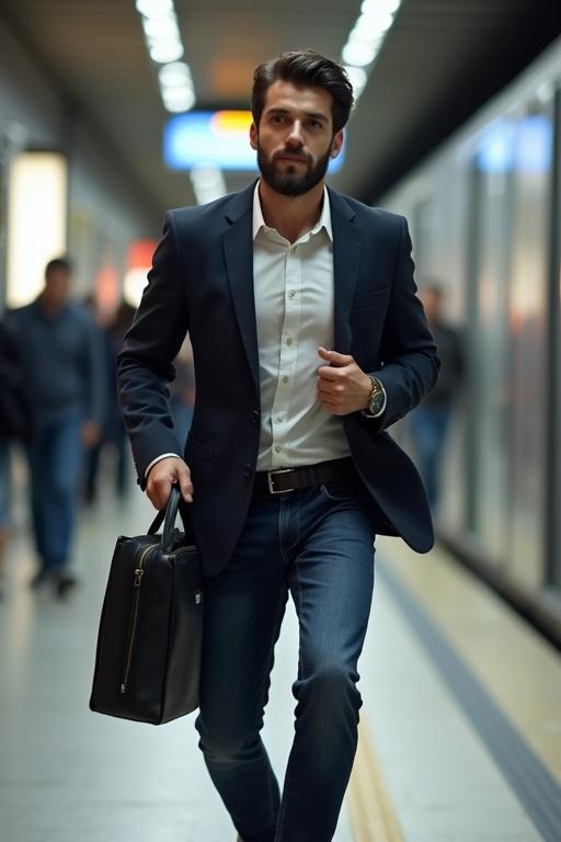 A man in a suit running to catch a metro train. He carries a laptop bag of brand Tomvaki. The setting is a busy metro station. The scene illustrates urgency and modern lifestyle.