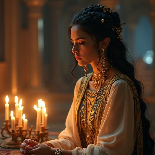 A breathtaking beauty embodies the goddess Ishtar styled in a flowing divine robe with golden embroidery. Black braided hair decorated with golden ornaments. A young wizard in dark cloak sits in a candlelit chamber with magical scrolls and runes floating around him. Ethereal light envelops both figures creating a serene atmosphere.