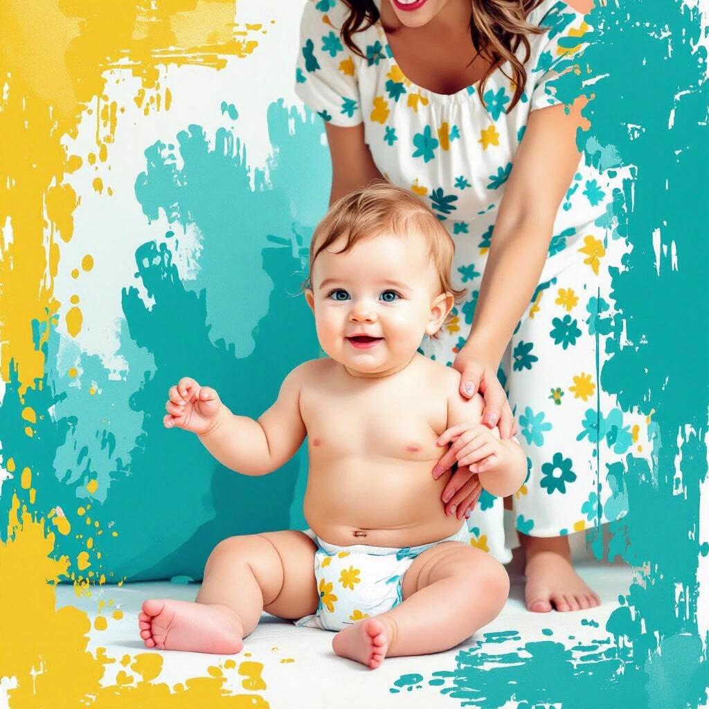 A small baby in a diaper is sitting and playing. The mother stands behind the baby. The general theme features turquoise white and yellow colors.