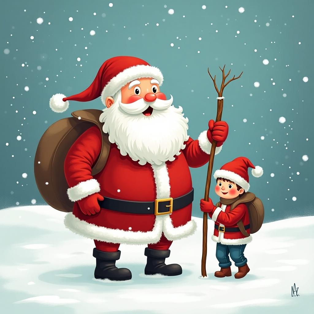 The image features a whimsical illustration of Santa Claus standing in a snowy landscape. He is a jolly figure with a big, fluffy white beard and a bright red suit. Next to him is a cheerful child, both of them smiling. Santa is holding a stick as if writing in the snow, potentially carving the names 'Camden' and 'Evan' in a playful manner. Snowflakes are gently falling around them, adding to the festive atmosphere. This scene captures the warmth and joy often associated with the Christmas season.