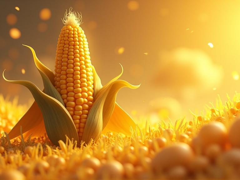 Hero anthropomorphic corn character with a glowing golden appearance. 3D animated style with cel-shaded painting. Set in a vibrant field of corn.
