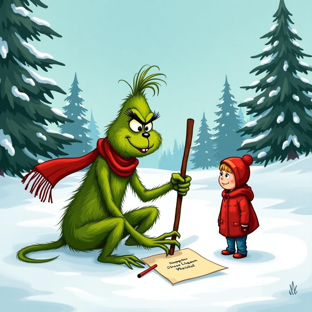 Grinch writing Harper Marshall in the snow with a stick. Scene has snow-covered hills and evergreen trees. Grinch is green with a red scarf. Child in red coat stands by.