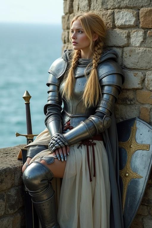 Young woman with long blonde hair in braids wears medieval armor. She sits on battlements of a medieval wall. A knight's shield and sword are nearby. She gazes at the sea.