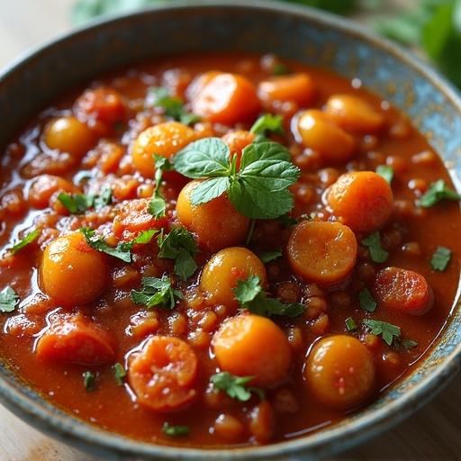 A bowl of lentil stew with small lentils and garnished with fresh herbs. The dish is rich in color, with hints of red and orange hues. Ingredients include vegetables in a thick sauce.