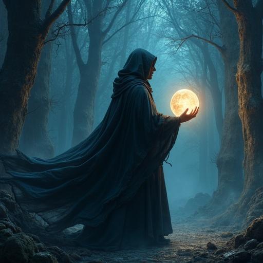 A mysterious mage holds a glowing orb. The mage wears flowing dark robes. Ancient forest ruins surround the scene at night. Glowing magical energy radiates from the orb. The artwork is highly detailed and features soft light.