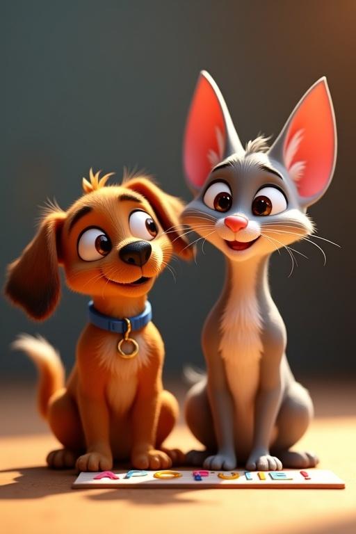 3D Disney-Pixar style with a playful puppy and a mischievous kitten. Both characters have large, expressive eyes and emotional charm. They sit side by side holding a small sign with the word 'Apoie!' in bright colorful letters.