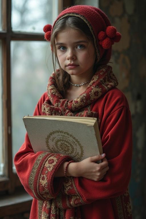 Child dressed in traditional attire stands by the window. She holds an old book and gazes thoughtfully. The room has a vintage feel. Natural light illuminates her features. Warm colors accentuate the scene.