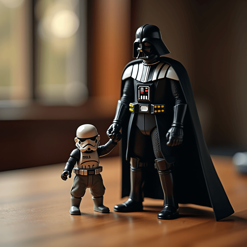 A statue of a tall figure in black armor holding hands with a small figure in white armor, standing together.