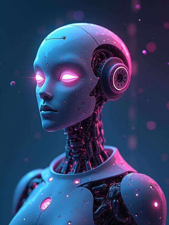 Create a futuristic robot character with glowing eyes and a sleek design. Emphasize its features and give it an aesthetic appeal.