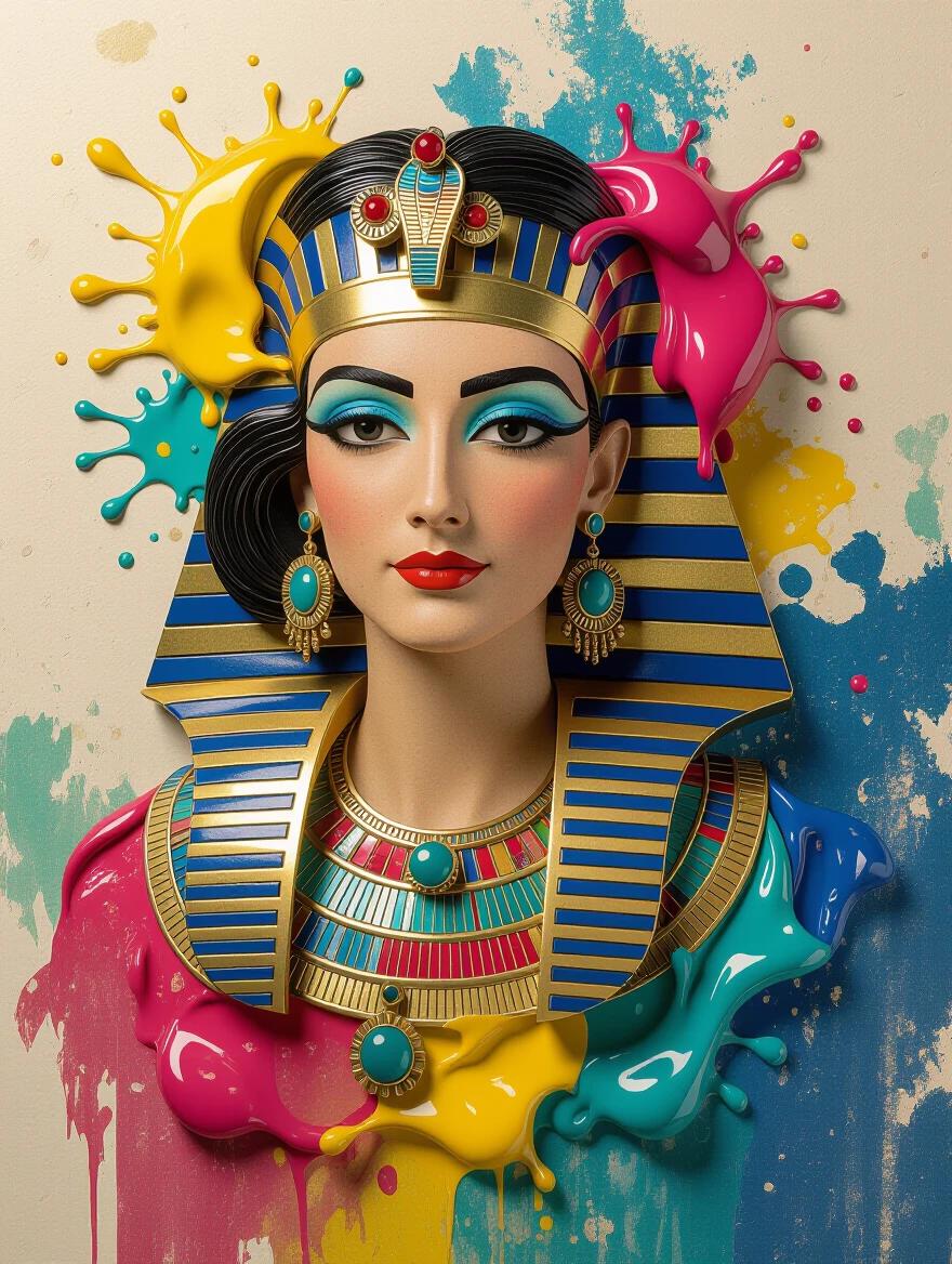 A vibrant and colorful portrayal of Cleopatra. The piece reflects a fusion of historical and modern artistic styles. It features thick globs of paint creating a textured layer. The artwork emanates a sense of depth and luminosity. A harmonious blend of colors adds to its visual appeal. The composition is stunning and evokes a magical atmosphere.