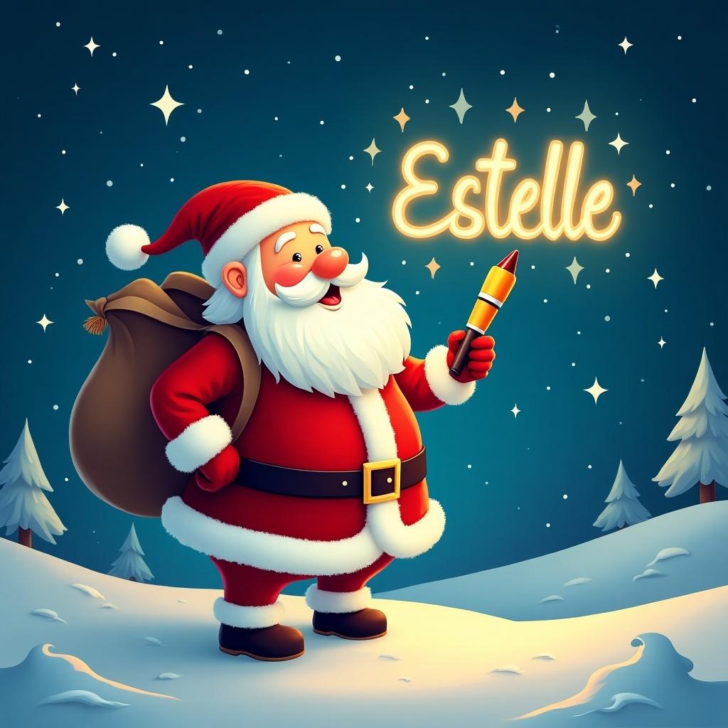 Christmas theme features Santa Claus writing name Estelle in the sky with a glow pen. Santa has a large sack and wears a traditional red suit. Snow covers the ground with pine trees. A starry night background enhances the festive scene.