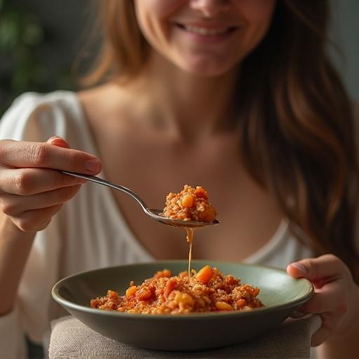 A woman enjoying dinner with a spoon. She smiles while holding a plate of food. Warm lighting sets a cozy atmosphere. Focus on the woman's expression and the meal.