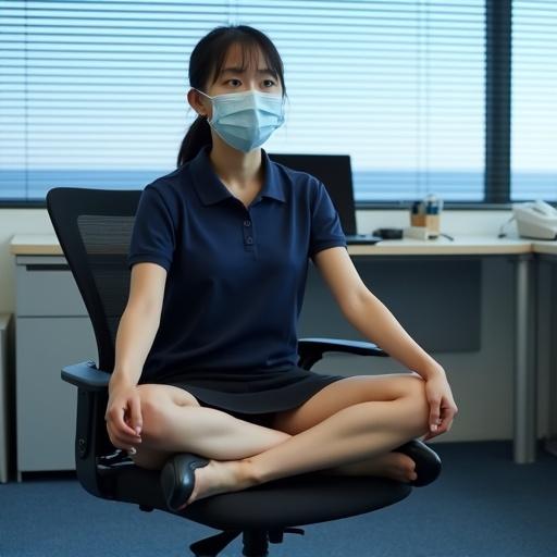 Japanese office worker sitting cross-legged in a black office chair. Wearing navy blue polo shirt and black short skirt. Wearing black pumps. Office environment with a laptop and a white landline telephone on a gray cabinet. View outside shows blue sky through blinds.