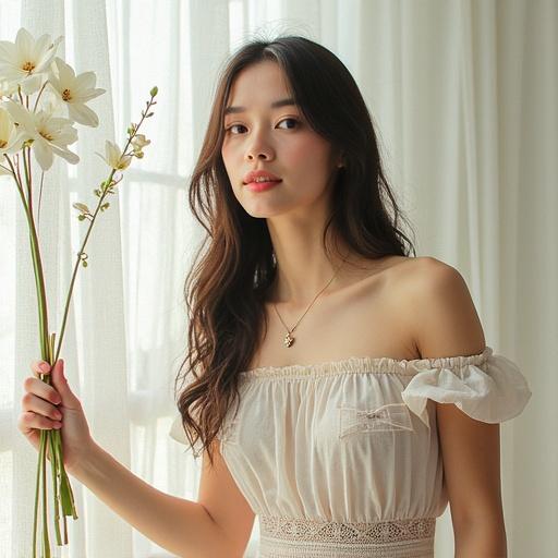Woman in off-shoulder top holds a bouquet of flowers. Soft light enhances the serene expression. Natural beauty emphasized. Portrait style image.