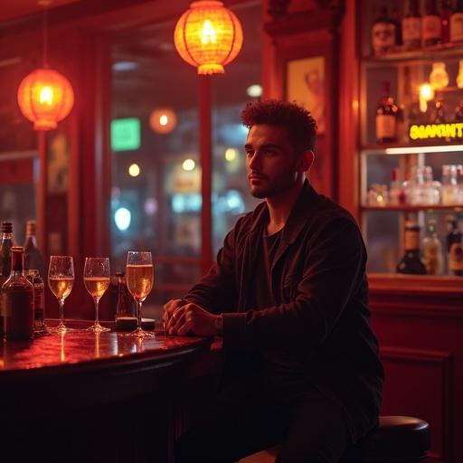 Realistic image of a person posing at a bar. He enjoys nightlife. Surrounding atmosphere is vibrant with drinks on the table.