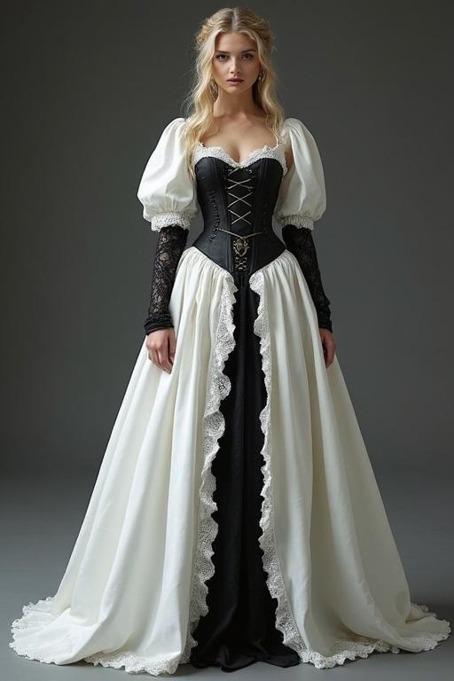 Dress design inspired by white witch and medieval aesthetics featuring long sleeves corset and voluminous skirt