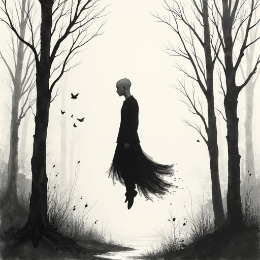 Bald human silhouette with black fill color. Thin teen floating with flowy body movement in a forest. Monochrome minimalist sketch with delicate ink lines on textured paper. Inspired by traditional Asian brushwork.