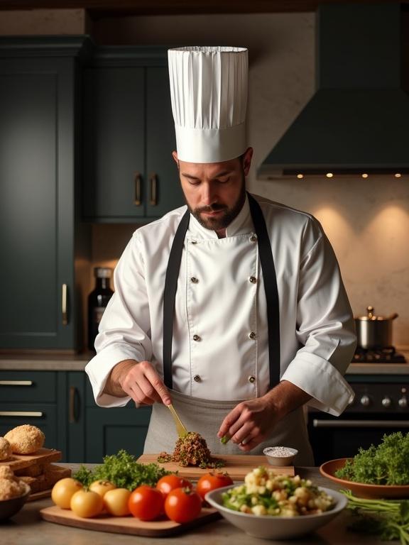 Chef in a modern kitchen preparing a dish with fresh ingredients. Chef wears a traditional white chef's jacket and tall hat. Various vegetables and grains are arranged on the counter. Bright kitchen with a warm light. Cooking in progress. Focus on food preparation and chef's skills.