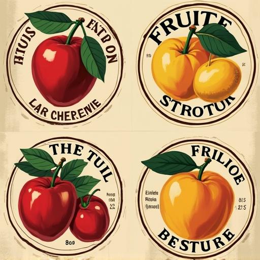 Retro fruit labels featuring apples and peaches in a vintage style. Colorful illustrations with a nostalgic vibe. Titles included for each fruit. Labels arranged in a grid with a soft background.