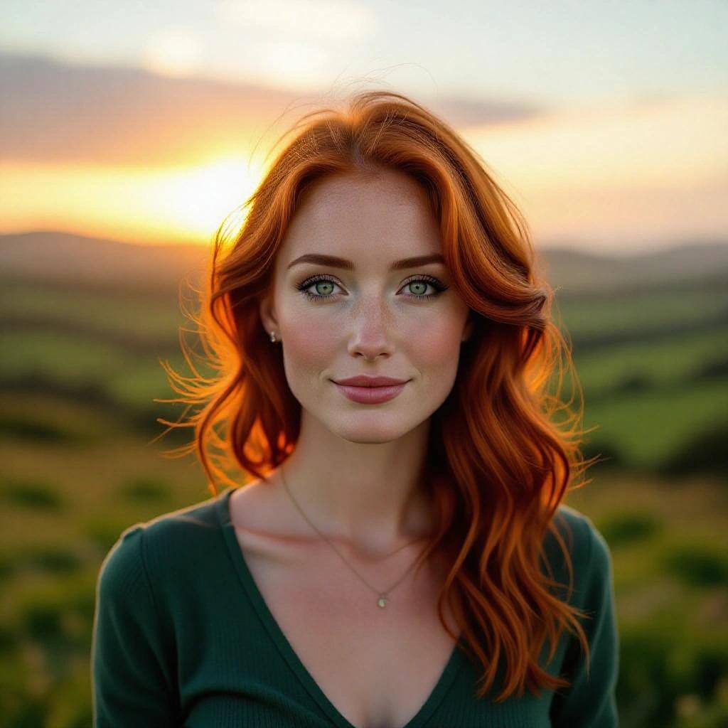 A portrait of a red-haired woman with green eyes in Ireland. The setting features green hills at sunrise. Her expression shows warmth and love.