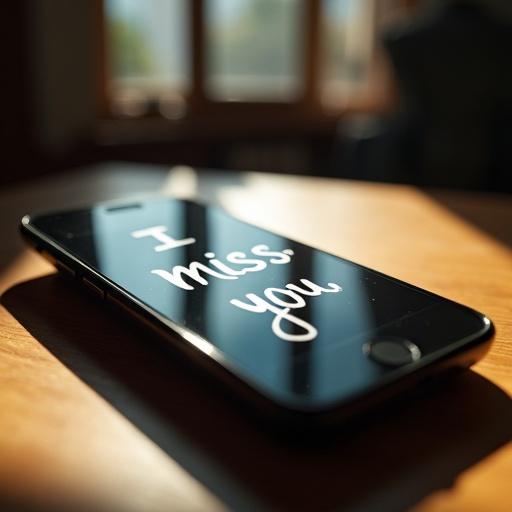 A phone rests on a table. The words I miss you are visible on the screen. A dramatic lighting effect created by sunlight from the windows casts shadows. The scene has a cinematic quality.