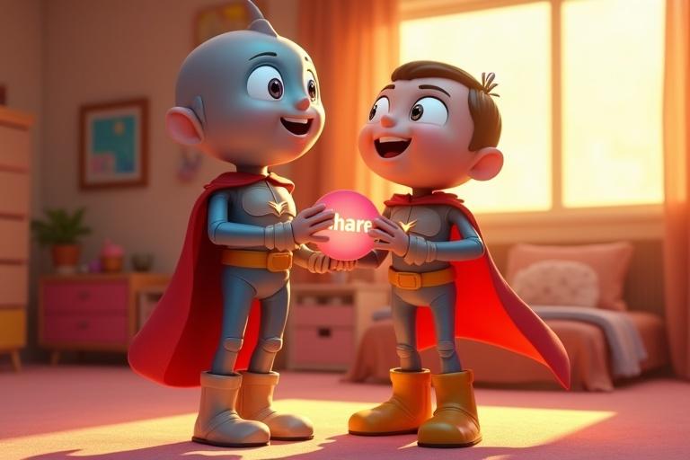 Scene features Zumo with a metallic outfit and excited face. Zumo holds a glowing 'Share' icon. Sparky wears a red cape and blue suit. Both characters smile warmly. The background shows a cozy bedroom filled with soft colors. A cheerful display of sharing and friendship acts as the theme.